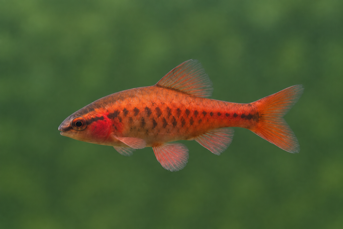 Cherry Barb in straight side profile against a simple soft green background