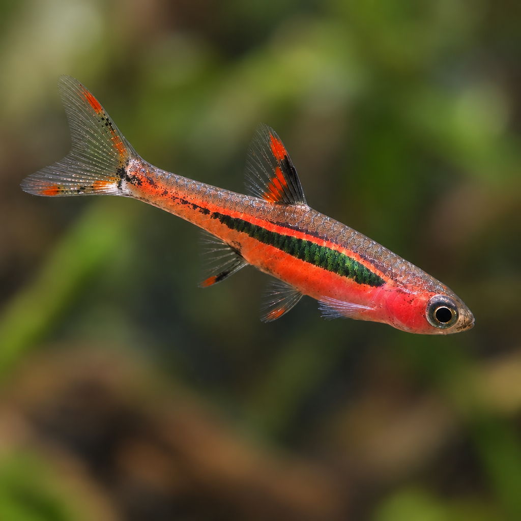 Chili Rasbora in-tank, gentle downward curve