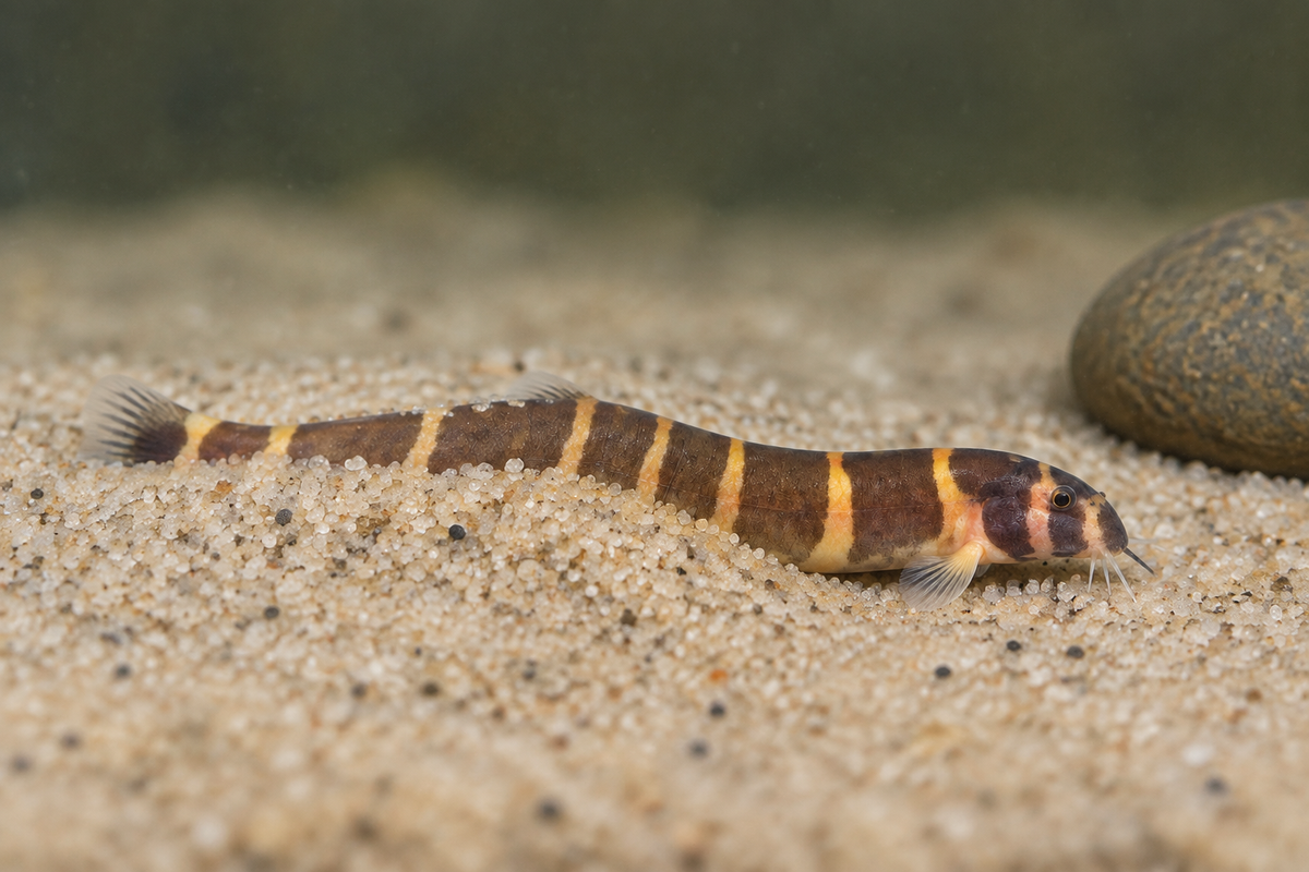 Kuhli Loach partly tucked beneath fine sand