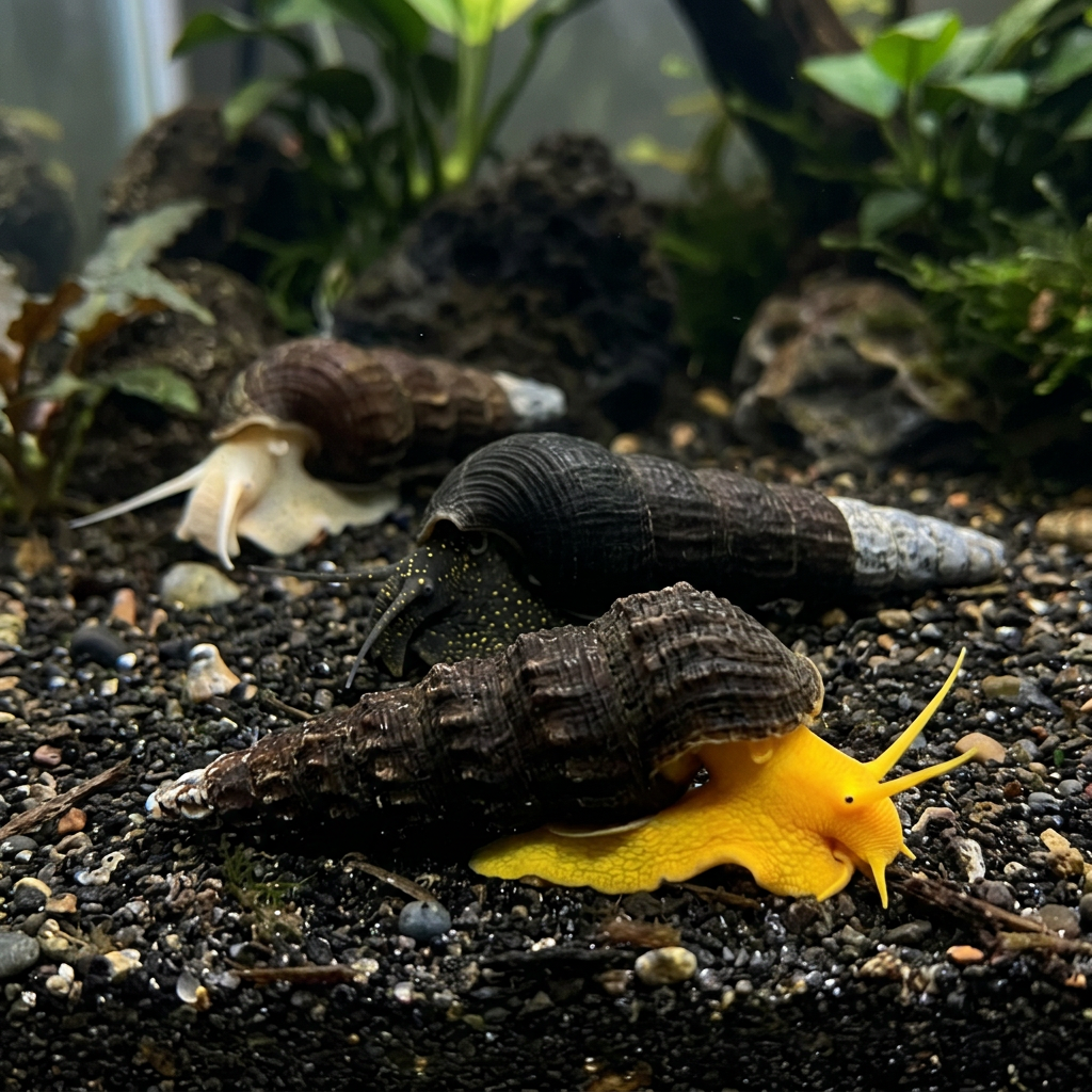 Three Rabbit Snails with varied shells in a natural aquarium