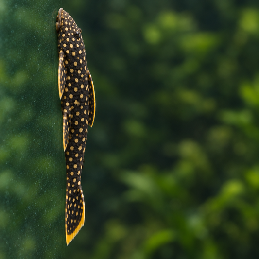 Vertical glass-clinging pleco with seamless glass and natural aquarium bokeh