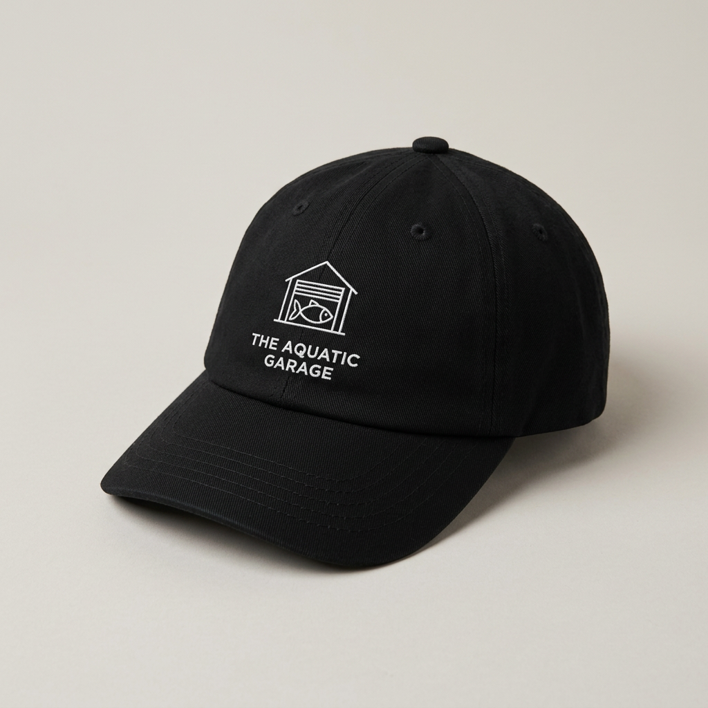 Black cap with white embroidered Aquatic Garage logo
