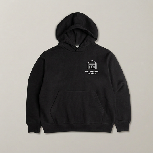 Black hoodie with small white left-chest logo
