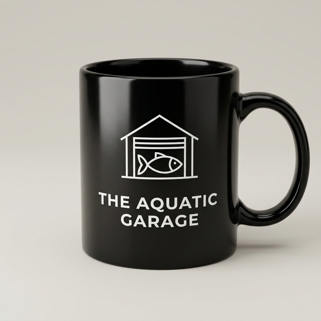 Black mug with white Aquatic Garage logo