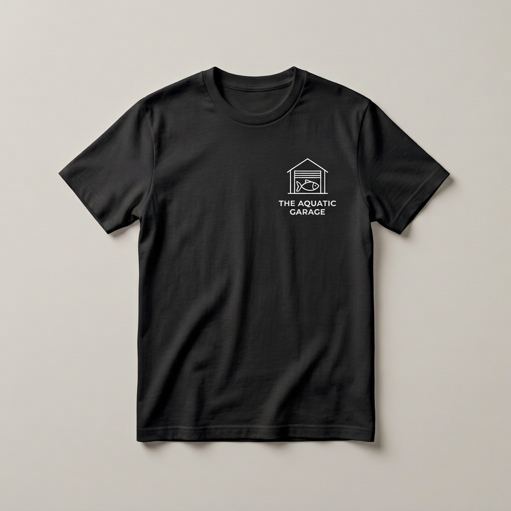 Black T-shirt matching the white studio flat lay