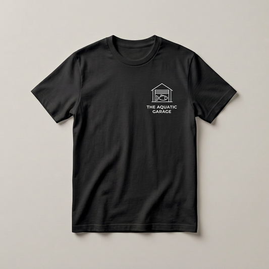 Black T-shirt matching the white studio flat lay