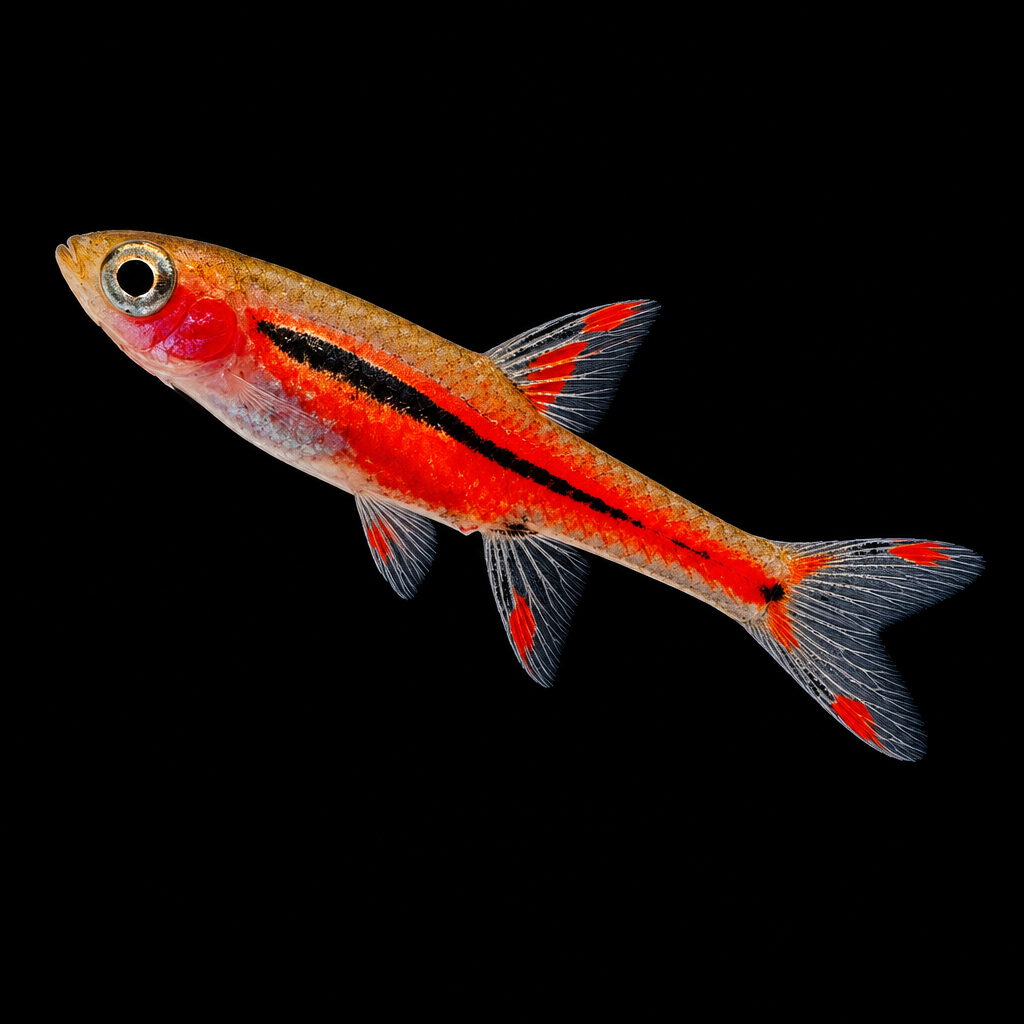 Chili Rasbora, gentle upward curve on flat black