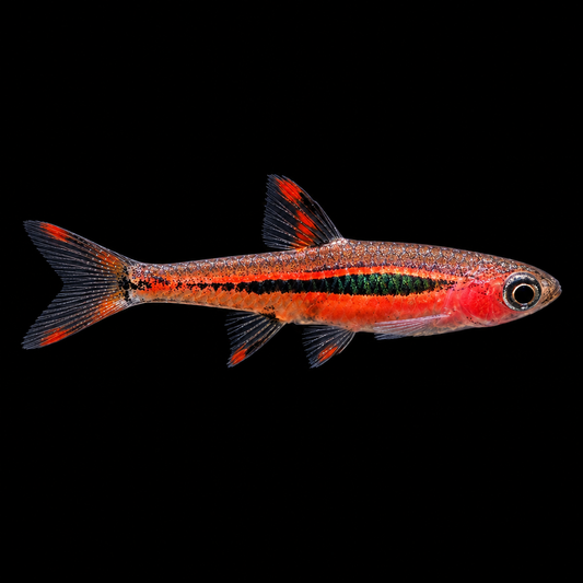 Chili Rasbora, straight side profile on flat black