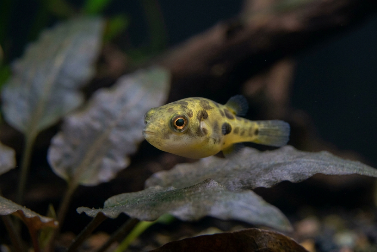 Closer yellow-olive pea puffer hovering above a dark leaf