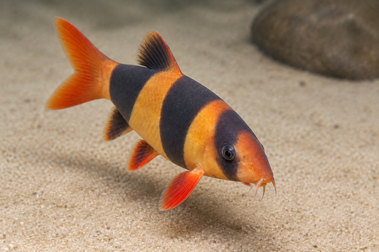 Clown loach from a slightly elevated three-quarter angle