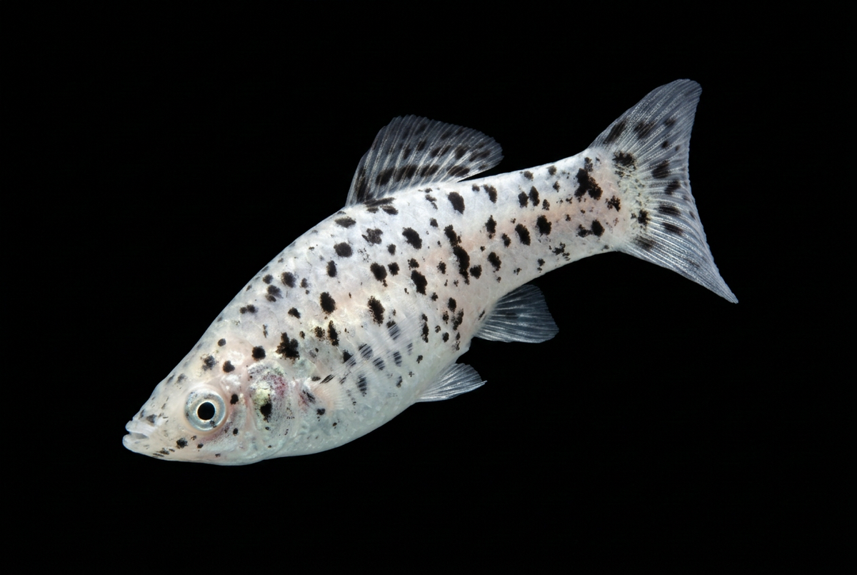 Dalmatian molly swimming downward in an S-curve