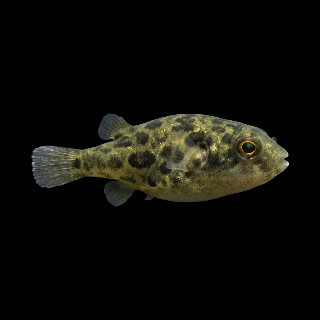 Dark olive pea puffer facing right