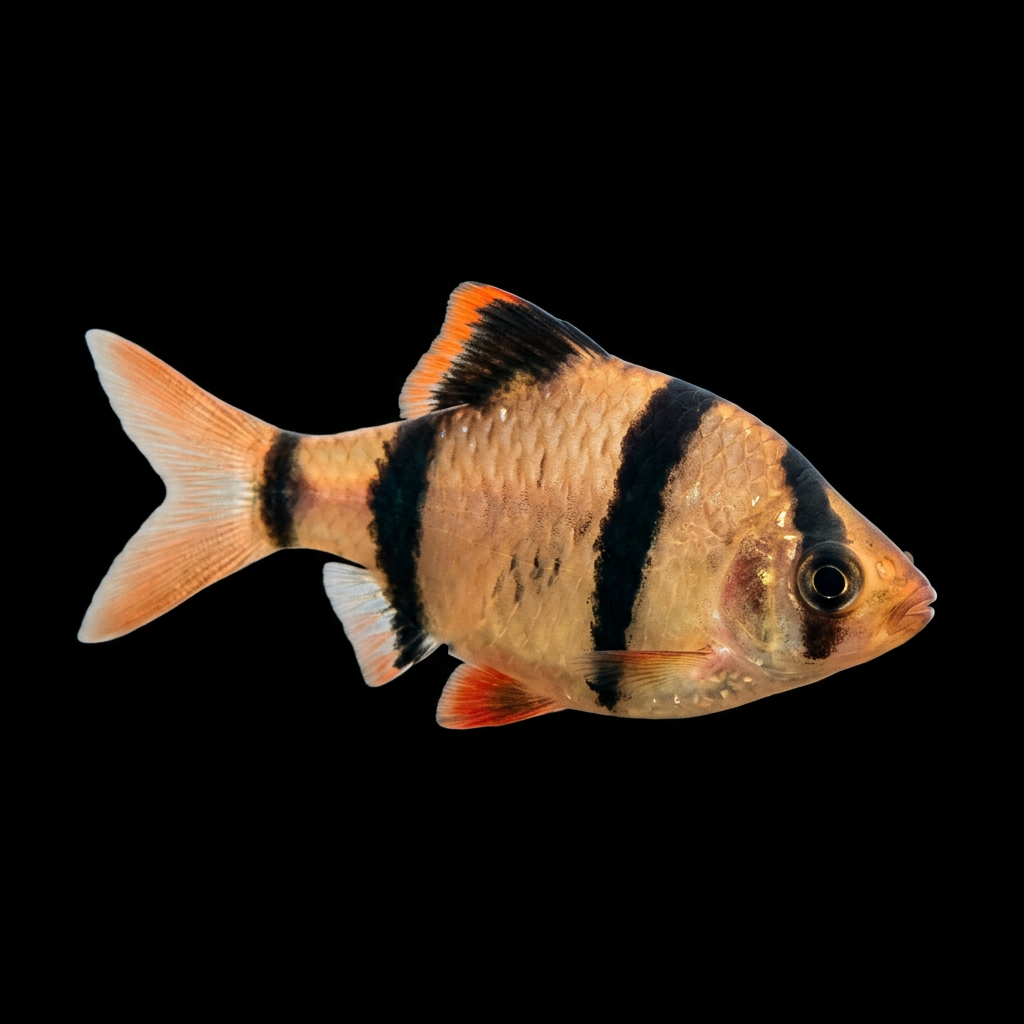 Golden-tan tiger barb gliding downward