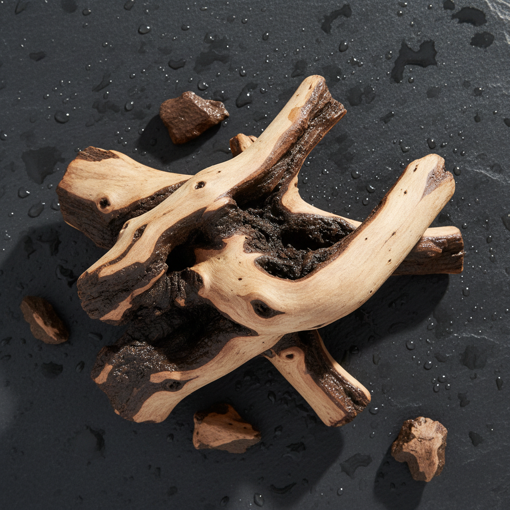 Mopani Wood - Overhead flat lay dark wet surface