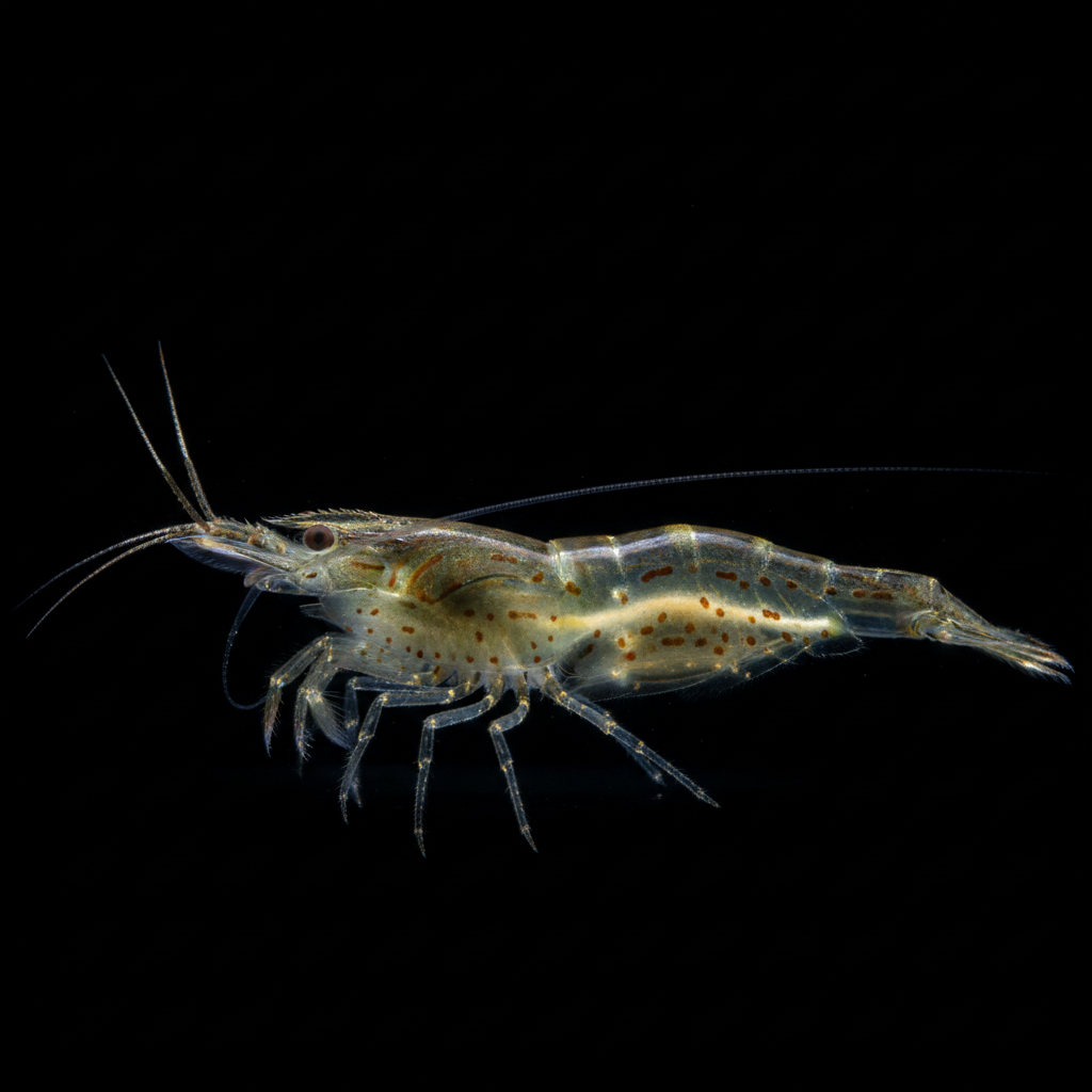 Amano Shrimp - Black background side profile