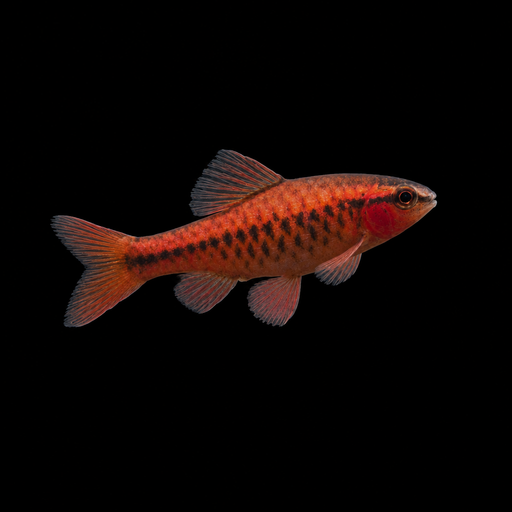 Male Cherry Barb swimming gently upward with ample black space