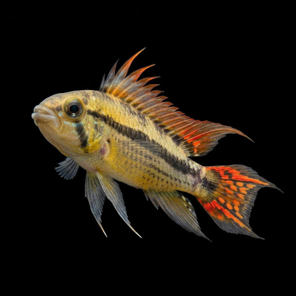 Orange Flag male Apistogramma swimming upward