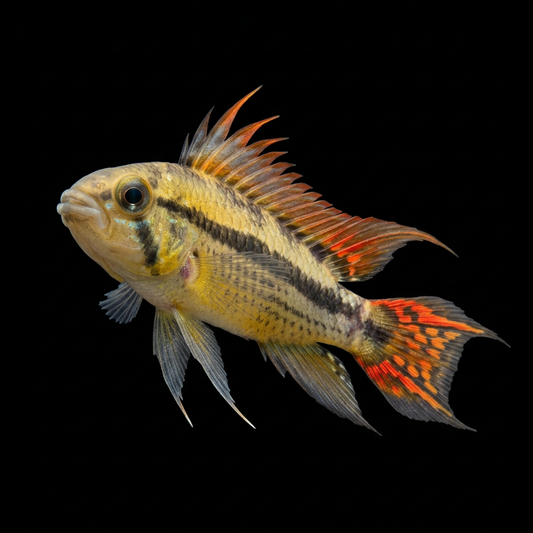 Orange Flag male Apistogramma swimming upward