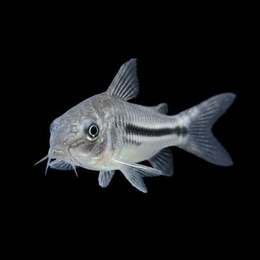 Pygmy corydoras swimming toward camera