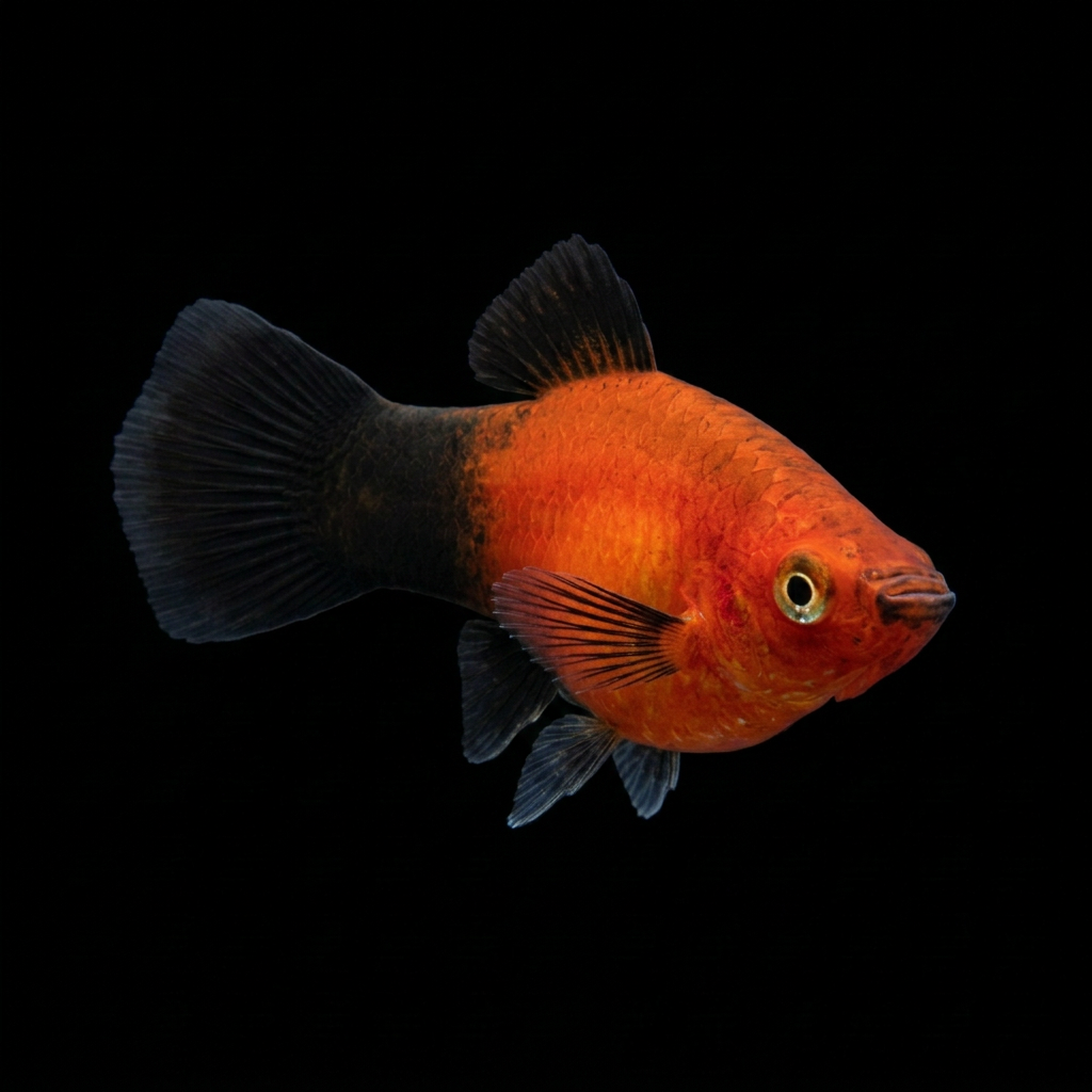 Red Tuxedo platy revised with a three-quarter swimming pose