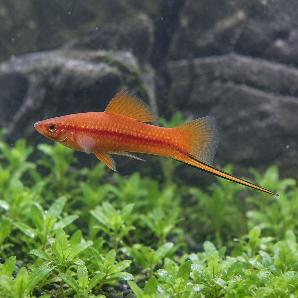 Swordtail gliding above carpet plants near a stone wall