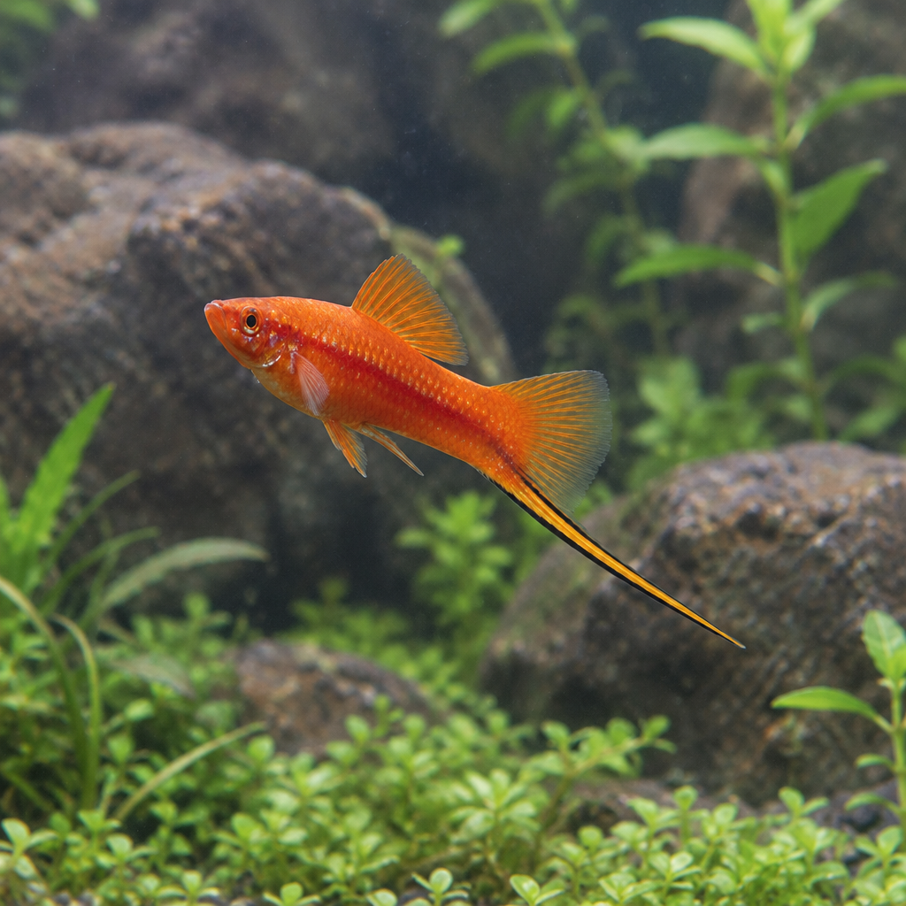 Swordtail swimming upward in a naturally lit planted tank