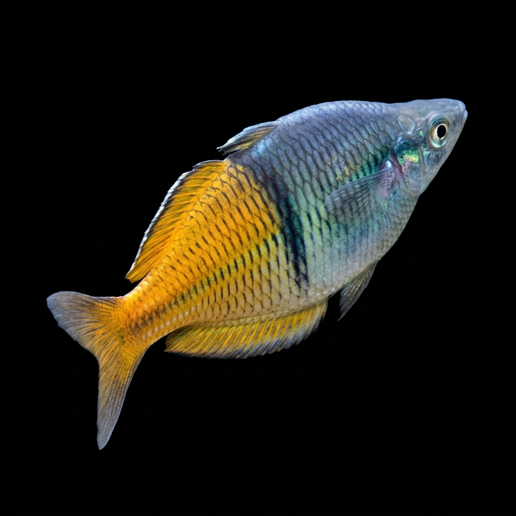 Teal male Boesemani rainbowfish banking away