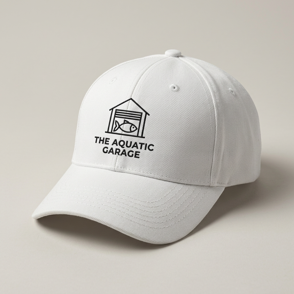 White cap with black embroidered Aquatic Garage logo