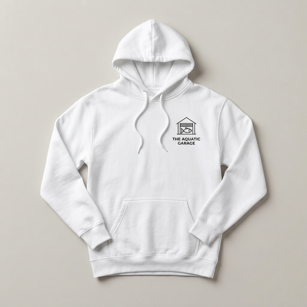 White hoodie with small black left-chest logo