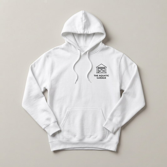 White hoodie with small black left-chest logo