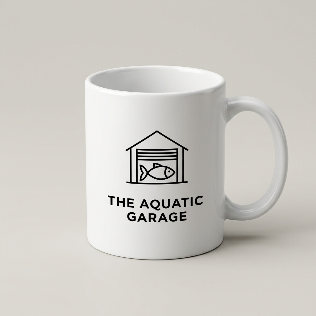 White mug with black Aquatic Garage logo