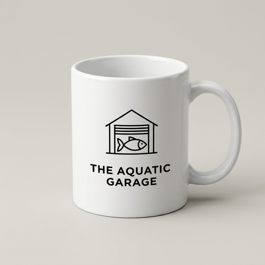 White mug with black Aquatic Garage logo