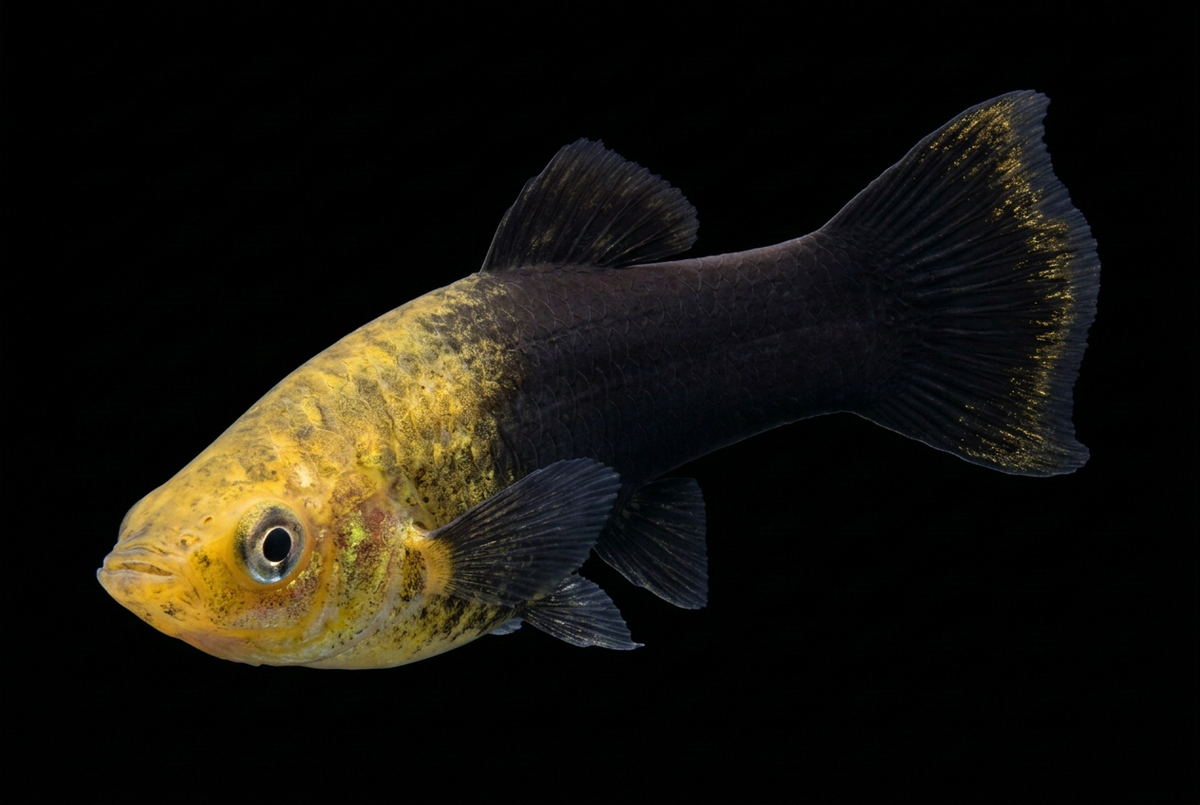 Yellow-head black molly using the approved Black molly’s diagonal turning pose
